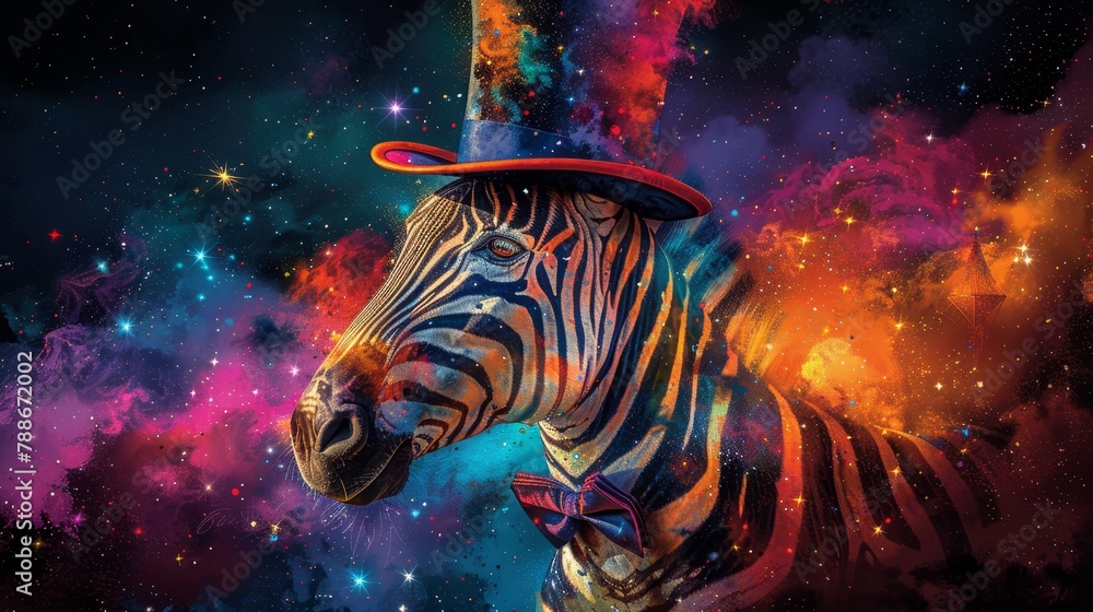 Fototapeta premium A zebra, wearing a hat, depicted amidst a star-filled space