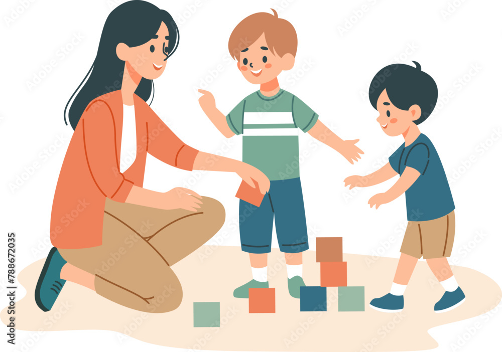 A mom playing dice with her children, a kindergarten teacher with her children. Flat vector illustration, white background . Vector illustration