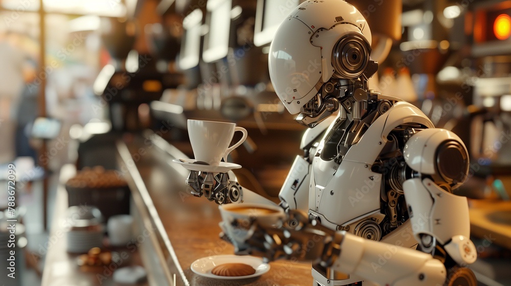 robot serving coffee in a coffee shop  - obrazy, fototapety, plakaty 