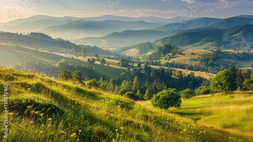grassy meadow of carpathian mountains in summer. beautiful panoramic countryside landscape of ukraine with forested hills in morning light. road running in to the valley