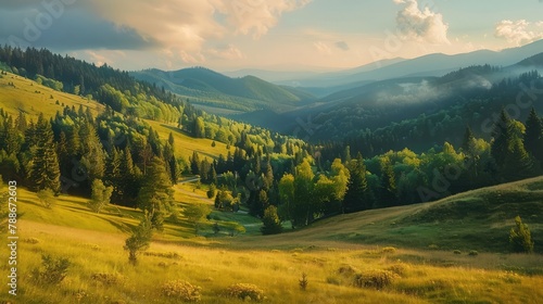 grassy meadow of carpathian mountains in summer. beautiful panoramic countryside landscape of ukraine with forested hills in morning light. road running in to the valley