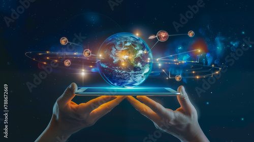 two hands hold a tablet from which a holographic image of the globe is shown, the globe is surrounded by different icons and glowing dots