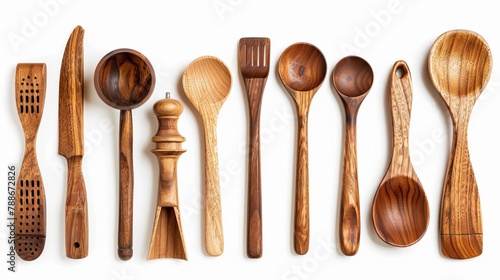 wooden kitchen utensils on white background
