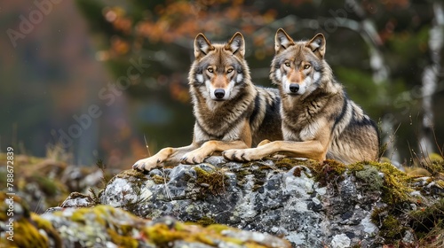 Two wolves on a rocky plateau lie in wait, Canis lupus, wolf, wild wolf.