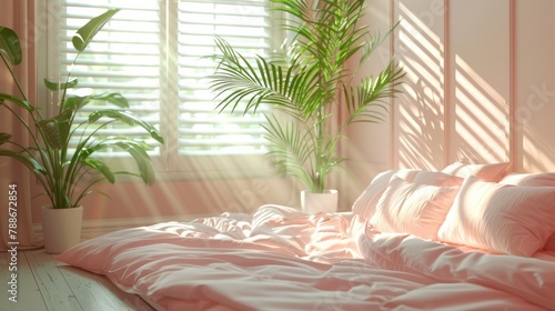  A bed adorned with a pink comforter and matching pillows faces a window A potted plant sits beside the window