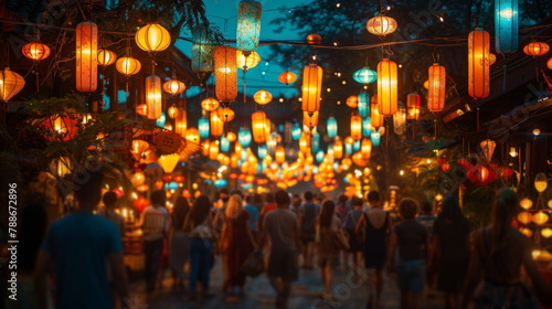 Group of People Walking Down Lantern-Lit Street