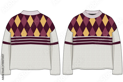 Argyle design printed knit jumper sweater vector illustration mockup with rib neckline and rolled finishing hemline and sleeves design