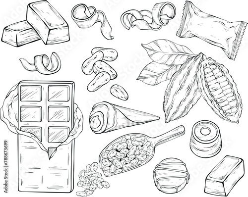 Chocolate outline set. Hand drawn candy, Cocoa Beans, Chips, and Chocolate Bar. Vector illustration.