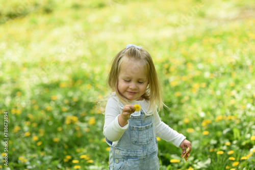 A beautiful little girl walks in a field of dandelions. Dandelion in the hands of a small child. A blonde girl with blue eyes, two years old.