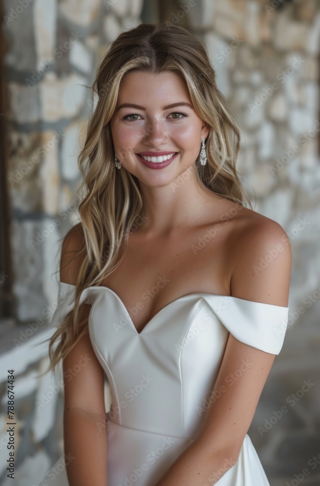 A romantic and classic wedding dress with long sleeves, off-the-shoulder neckline, fitted waist silhouette