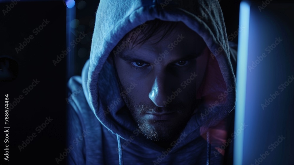 Concept shot of anonymous man in hoodie writing code to hack database while sitting at desk with computer monitors Concept shot of anonymous man in hoodie writing code to hack database while sitting at desk with computer monitors
