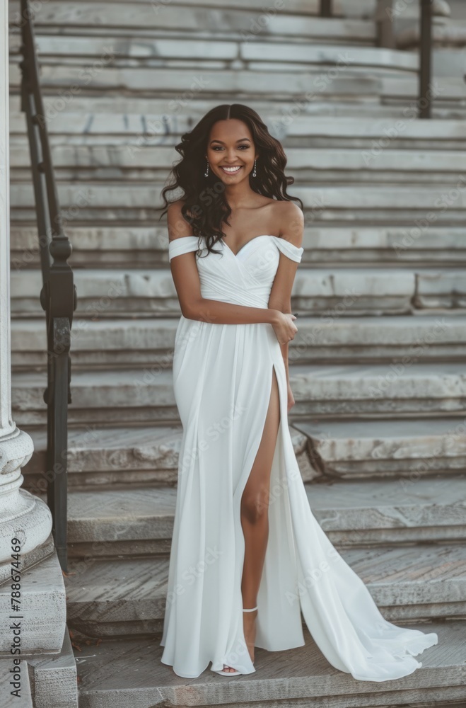 Fototapeta premium A romantic and classic wedding dress with long sleeves, off-the-shoulder neckline, fitted waist silhouette