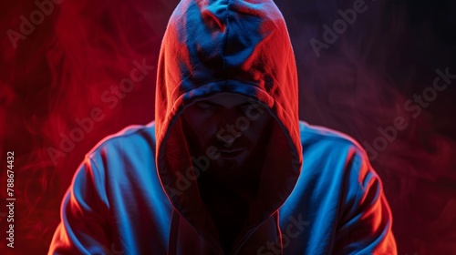 Concept shot of anonymous man in hoodie writing code to hack database while sitting at desk with computer monitors