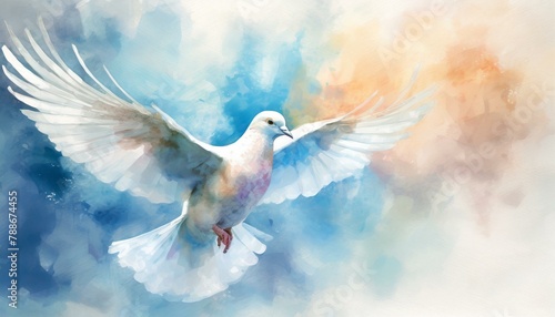 Dove of peace on watercolor background with copy space. Vector illustration. 
