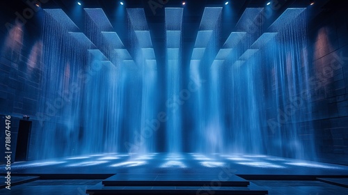 Blue stage curtain with spotlights. scene, stage light with colored spotlights and smoke. Stage on the dark floor with lights on the perimeter. theater stage Art concept photo
