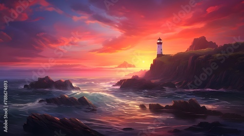 Wallpaper Mural Coastal Landscape with a Lighthouse and Sunset | Created with Generative AI
 Torontodigital.ca