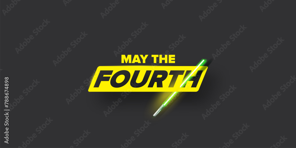 Fototapeta premium May the 4th vector illustration with glowing light saber on dark space background without stars. May the 4 banner design template with laser sword