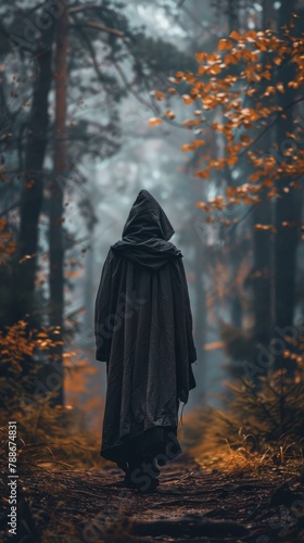 a person in a black robe standing in a forest