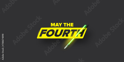May the 4th vector illustration with glowing light saber on dark space background without stars. May the 4 banner design template with laser sword photo