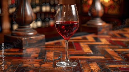  A red wine glass rests on a wooden table, nearby stands a bottle of wine