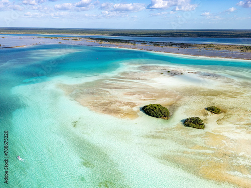 Aerial View of Isla de los Pájaros, Bird Island, Bacalar Lagoon, Quintana Roo, Mexico. photo