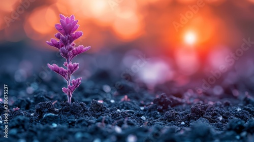  A tiny purple plant emerges from the earth against a backdrop of a vibrant orange and pink sunset