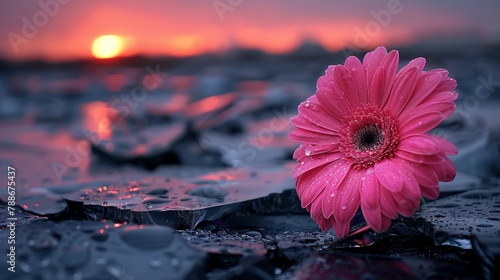   A pink flower blooms in a puddle, reflecting in still waters as sun sets distantly photo