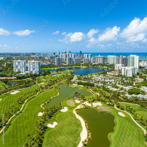 Aerial view of Aventura city skyline and beach, Turnberry Isle Country Club, Florida, United States.