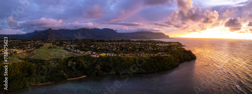 Aerial view of beautiful coastal landscape with mountain perspective, Kauai, Hawaii, United States.