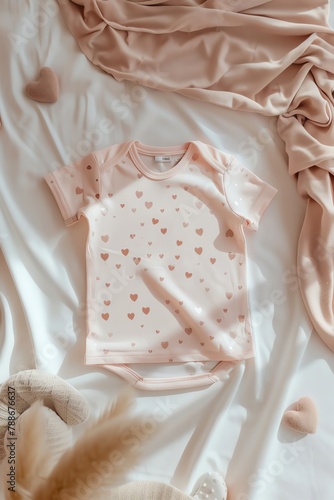 Overhead shot of a pastel pink Tshirt for toddlers, tiny heart patterns, soft lighting, minimal setup