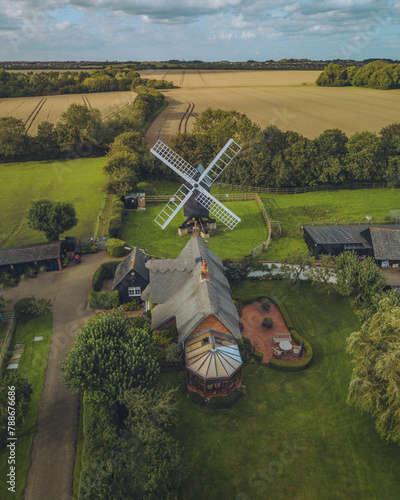Aerial view of Bourn Windmill and countryside fields, Caxton, Cambridgeshire, England.