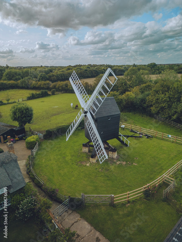 Aerial view of countryside meadow with drone perspective, Caxton, England. photo