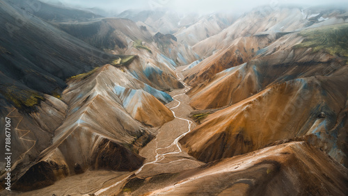 Aerial view of Landmannalaugar, rainbow mountains, Highlands, Iceland.