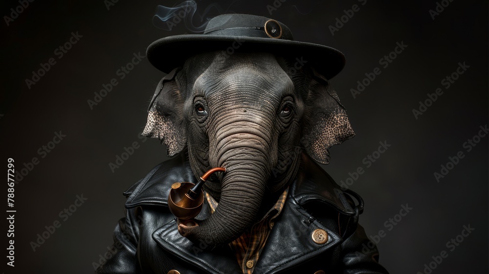   An elephant, clad in a leather jacket and donning a hat, holds a pipe in each hand