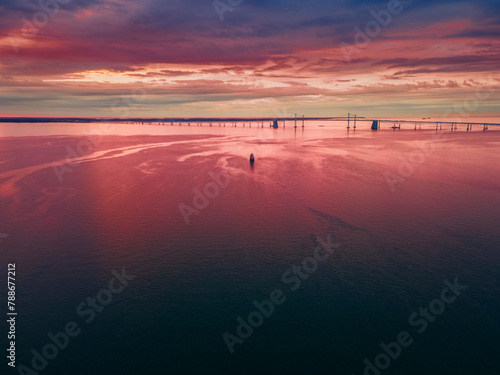 Aerial view of Chesapeake Bay at sunrise with Bay Bridge, Annapolis, Maryland, United States. photo