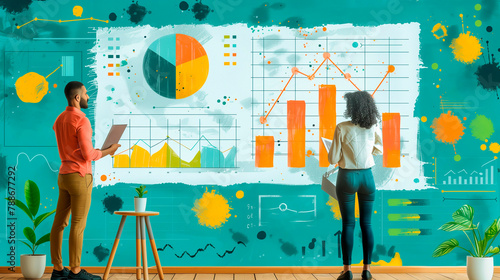 Dive into the world of strategic planning with this charming flat style illustration, featuring a young man and woman standing by a wall, engrossed in analyzing various charts and diagrams