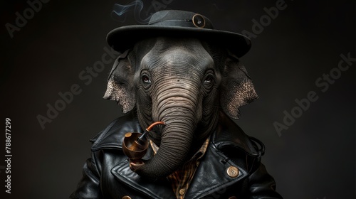  An elephant, clad in a leather jacket and donning a hat, holds a pipe in each hand