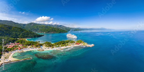 Aerial view of Labadee, Allure of the Seas cruise ship on turquoise waters, Cap-Haitien, Nord, Haiti. photo