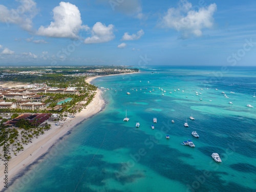 Aerial view of beautiful coastal scene with boats, Punta Cana, Dominican Republic.