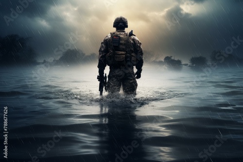Refreshing Soldier water river. Force tactical. Generate Ai photo