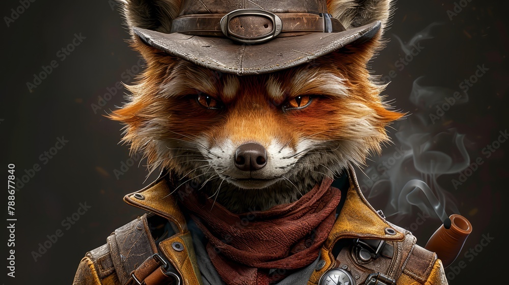 Fototapeta premium A tight shot of a fox donning a hat and a leather jacket, holding a pipe in its mouth