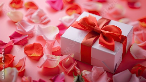 An eye catching white gift box adorned with a vibrant red bow and scattered rose petals in various hues pops against a cheerful pink backdrop exuding a playful spirit perfect for promoting  © 2rogan