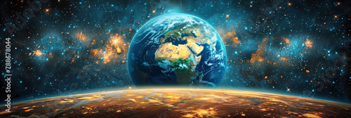 Earth depicted in a cosmic setting, highlighting global significance and space exploration. #788678044