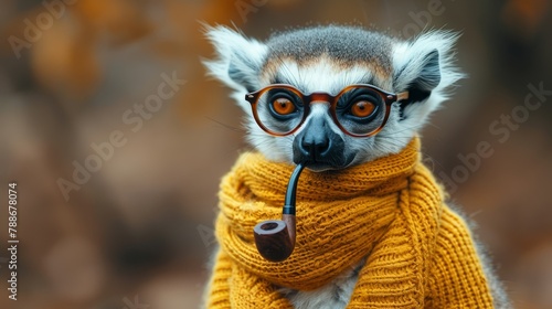   A tight shot of a small animal donning glasses and a knitted scarf  holding a pipe in its mouth