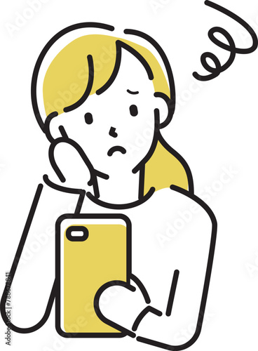 定番　伝わる 人物イラストこんなお悩みありませんか？　若い女性　スマホを見て悩む