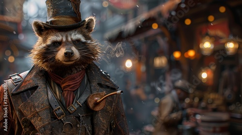  A tight shot of a raccoon donning a top hat and a leather jacket, holding a pipe between its paws