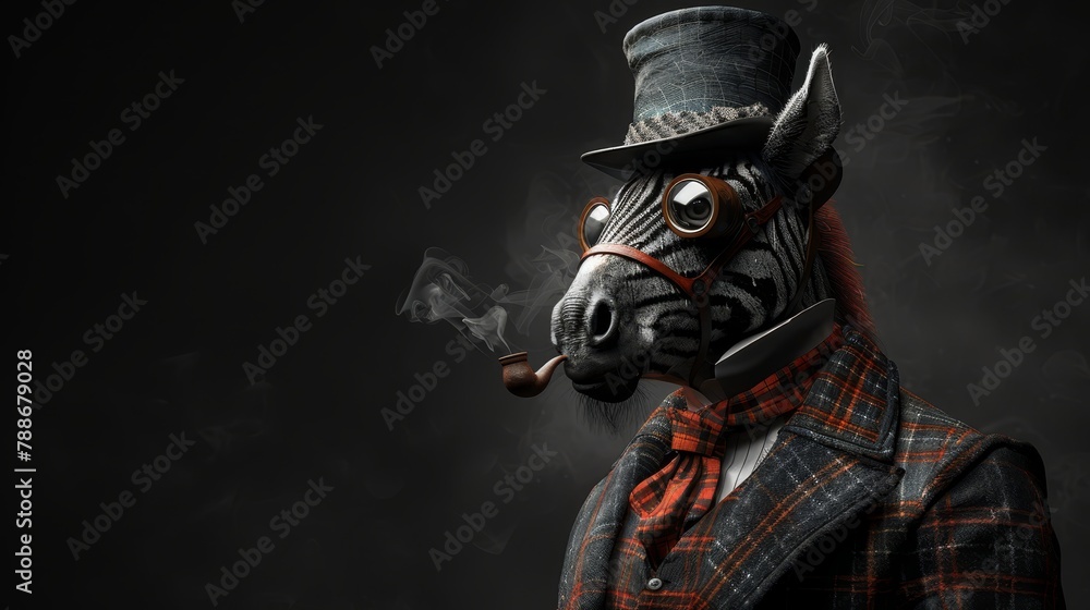 A zebra donning a suit and hat, holding a pipe in its mouth A zebra donning a suit and hat, holding a pipe in its mouth