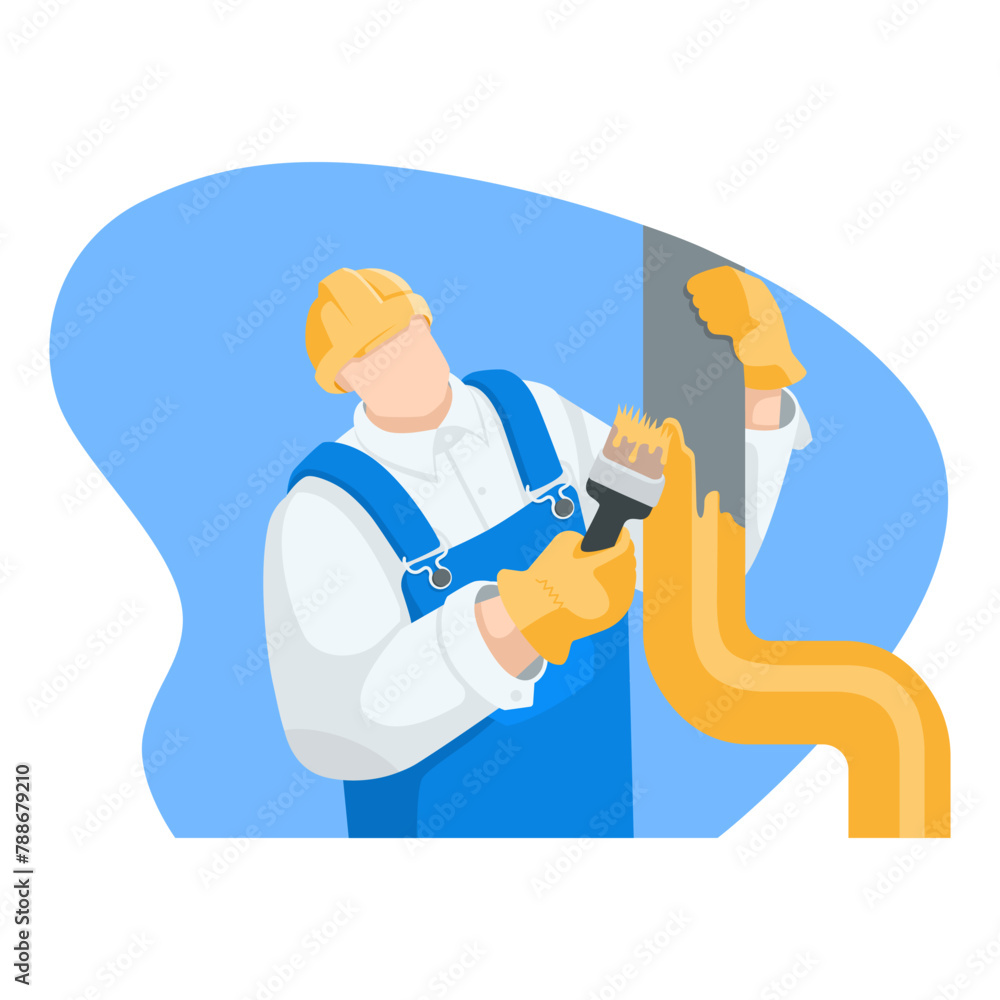 vector illustration of a builder in a helmet and uniform painting a pipe at a construction site, in color on a white background, work on construction and repair vector illustration of a builder in a helmet and uniform painting a pipe at a construction site, in color on a white background, work on construction and repair