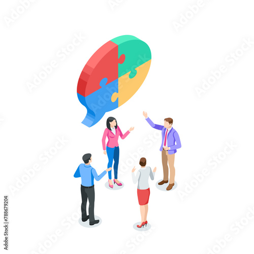 isometric vector people putting together puzzles, in color on a white background, teamwork and common business goal