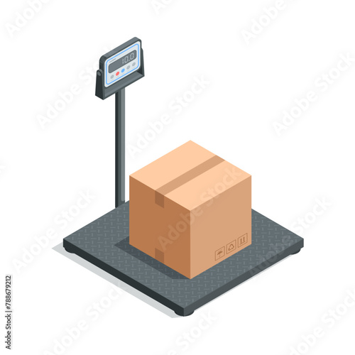 isometric vector scales with a box, in color on a white background, large warehouse scales and also for store or market